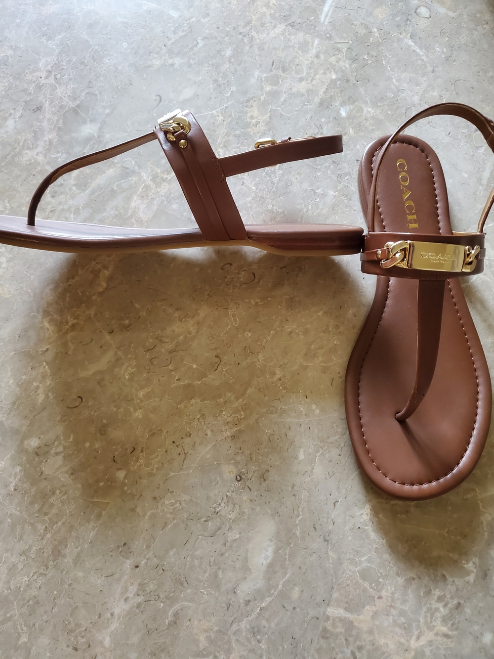 COACH Brown Leather T-Strap Sandals with Gold Accent - Picture 5 of 7